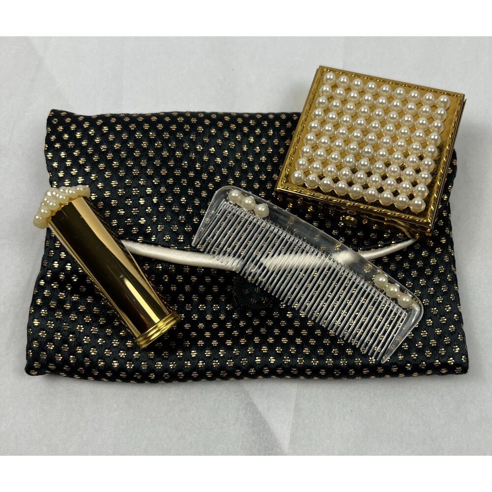 VTG 1952 Women's Dorset Rex Glamour Gems Compact Lipstick Case Lucite Comb Set